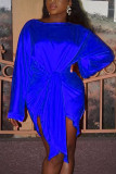 Robe de soirée en Satin bleu, Sexy, couleur unie, basique, noué, col rond, manches longues, longueur aux genoux, jupe crayon