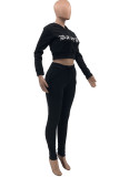 Black Casual Sportswear Letter Print Pocket Hooded Collar Long Sleeve Two Pieces