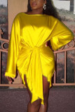 Желтые модные сексуальные вечерние атласные однотонные базовые завязанные с круглым вырезом длинные рукава длиной до колена юбка-карандаш платья