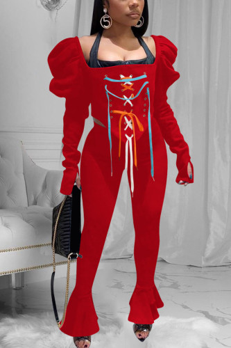 Red Street Solid Bandage Square Collar Long Sleeve Two Pieces