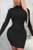 Black Sexy Solid Patchwork O Neck Pencil Skirt Dresses