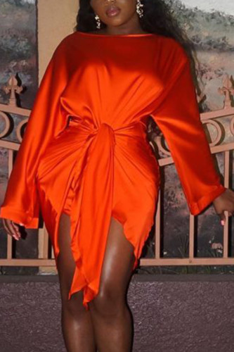 Orange Fashion Sexy Party Polyester Satin Solid Basic Knotted O Neck Long Sleeve Knee Length Pencil Skirt Dresses