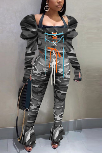 Grey Sexy Casual Camouflage Print Strap Design Square Collar Long Sleeve Two Pieces