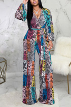 Multicolor Sexy Print With Belt V Neck Straight Jumpsuits