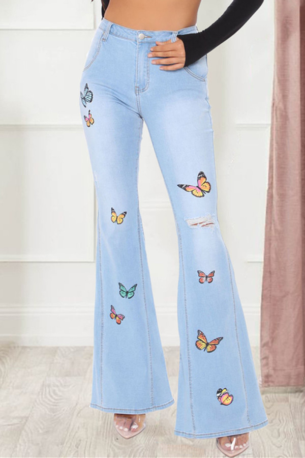 Baby Blue Fashion Casual Butterfly Print Ripped Mid Waist Flare Leg Boot Cut Denim Jeans