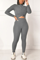 Gris Street Solid O Neck Long Sleeve Two Pieces
