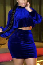 Синий сексуальный сплошной пэчворк с круглым вырезом и длинным рукавом из двух частей