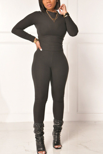 Black Street Solid O Neck Long Sleeve Two Pieces