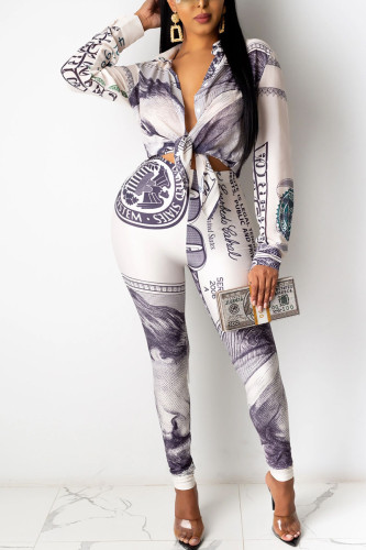 White Casual Print Bandage Shirt Collar Long Sleeve Two Pieces