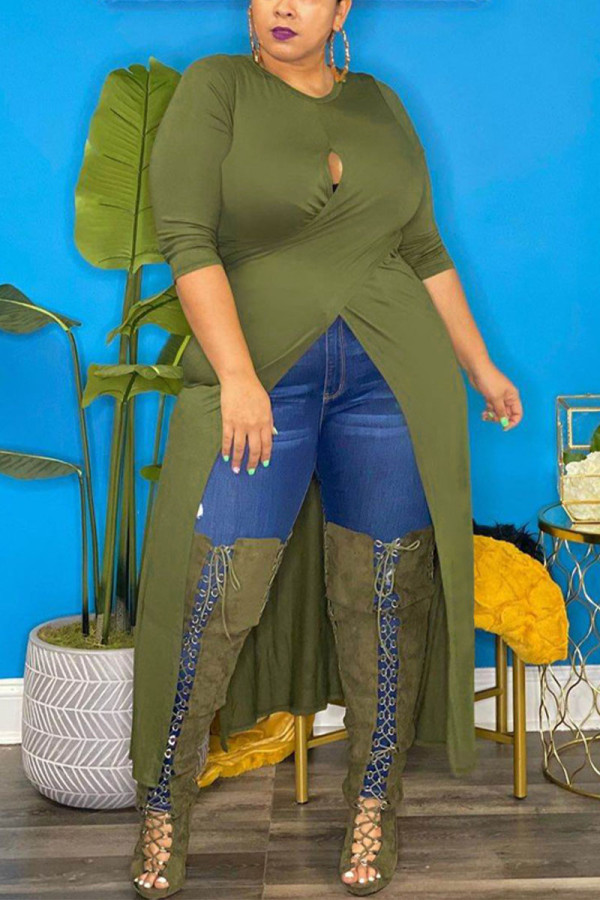 Army Green Sexy Solid Hollowed Out Slit O Neck Plus Size 