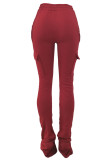 Wine Red Casual Solid Pocket Fold Boot Cut Patchwork Bottoms