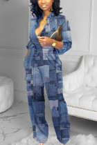 Blauwe elegante print met riem O-hals Regular jumpsuits