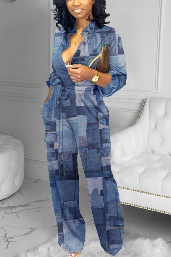 Blauwe elegante print met riem O-hals Regular jumpsuits