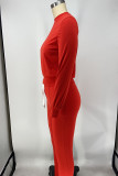 Red Sweet Solid Patchwork O Neck Long Sleeve Two Pieces