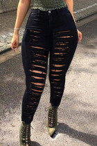 Black Fashion Casual Solid High Waist Ripped Skinny Denim Jeans