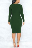 Army Green Sexy Solid Patchwork V Neck Pencil Skirt Dresses