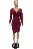 Wine Red Sexy Solid Patchwork V Neck Pencil Skirt Dresses