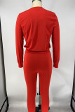 Red Sweet Solid Patchwork O Neck Long Sleeve Two Pieces