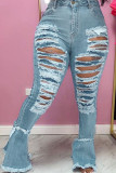 Jeans regular azul sexy sólido rasgado cintura alta