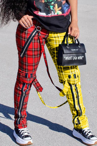 Red Fashion Casual Plaid Print Mid WaisPatchwork Trousers