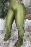 Celebrità verdi Piega solida senza cintura Pantaloni a matita a vita media elastici piccoli regolari