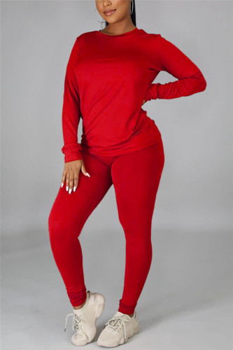 Red Casual Solid Basic O Neck Long Sleeve Two Pieces