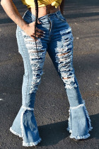 Jeans regular azul sexy sólido rasgado cintura alta