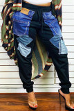 Zwarte mode casual patchwork broek met hoge taille