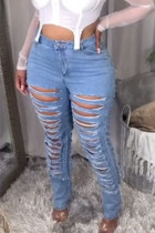 Baby Blue Sexy Solid High Waist Regular Distressed Ripped Denim Jeans