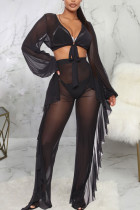 Black Sexy Solid Patchwork V Neck Long Sleeve Two Pieces
