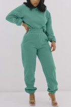 グリーンファッションカジュアルソリッドベーシックフード付きカラー長袖ツーピース