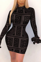 Черное модное сексуальное базовое платье с круглым вырезом и длинным рукавом с принтом