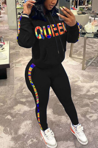 Black Casual Letter Print Hooded Collar Long Sleeve Sweatshirt And Pants Sportwear Two Piece Jogger Set