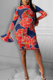 Orange Fashion Sexy Print Basic O-Neck Langarm-Kleid