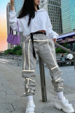 Pantalones de patchwork de cintura alta casuales de moda gris con cinturón