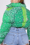 Green Casual Print Without Belt O Neck Outerwear