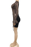 ブラック セクシー ソリッド スパンコール パッチワーク フォールド V ネック ペンシル スカート ドレス
