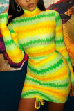 Gelbe sexy gestreifte Rollkragenkleider mit Wickelrock