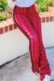Calças de cintura média com estampa xadrez casual moda vermelha