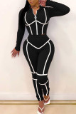 Black Casual Sportswear Zipper Collar Long Sleeve Regular Sleeve Solid Plus Size Set