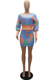 Blue Sexy Print Patchwork O Neck Long Sleeve Two Pieces
