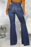 Calça jeans rasgada cintura alta azul escuro com corte de bota