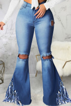 Dark Blue Sexy Mid Waist Distressed Boot Cut Flare Leg Ripped Denim Jeans