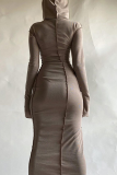 Khaki Casual Solid Split Joint Hooded Collar Wrapped Skirt Dresses