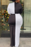 Black White Sexy Solid Patchwork Slit O Neck A Line Plus Size 