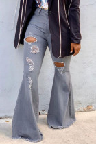 Grey Fashion Casual Solid High Waist Boot Cut Flare Leg Ripped Denim Jeans