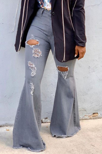Calça jeans cinza fashion casual rasgada cintura alta com corte de bota