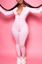 Macacão skinny básico rosa casual Living com estampa listrada decote em V