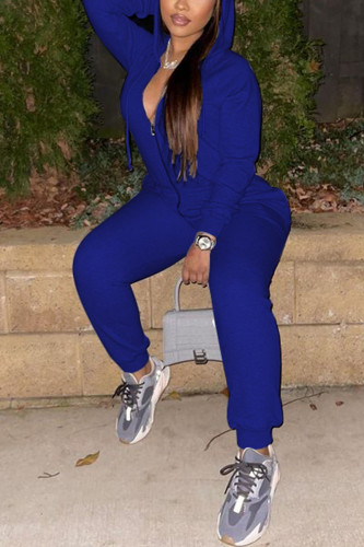 Royal Blue Sweet Solid Hooded Collar Jumpsuits
