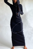 カーキカジュアルソリッドパッチワークフード付きカラーラップスカートドレス